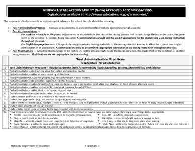 NEBRASKA STATE ACCOUNTABILITY (NeSA) APPROVED ACCOMMODATIONS Digital copies available at http://www.education.ne.gov/assessment/ The purpose of this document is to provide a quick reference for school districts about the