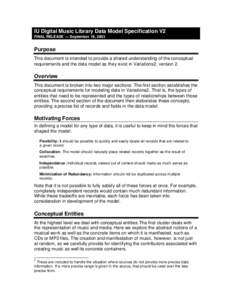 IU Digital Music Library Data Model Specification V2 FINAL RELEASE — September 18, 2003 Purpose This document is intended to provide a shared understanding of the conceptual requirements and the data model as they exis