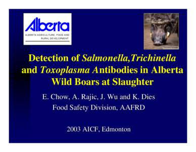 ALBER TA AG RICULTURE , FOOD AND RURA L D EVELOPMEN T Detection of Salmonella,Trichinella and Toxoplasma Antibodies in Alberta Wild Boars at Slaughter