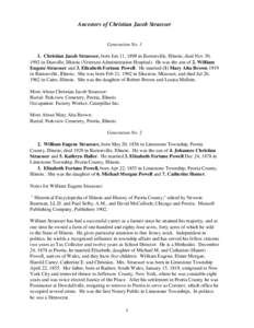 Ancestors of Christian Jacob Straesser  Generation NoChristian Jacob Straesser, born Jun 11, 1898 in Bartonville, Illinois; died Nov 30, 1992 in Danville, Illinois (Veterans Administration Hospital). He was the so