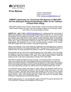 Microsoft Word - ORALAIR FDA Approval Release  Final MLR approved 4_1_14 (4) for media release