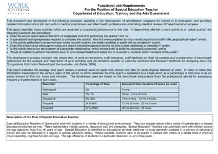 Functional Job Requirements For the Position of Special Education Teacher Department of Education, Training and the Arts Queensland This document was developed for the following purposes: assisting in the development of 