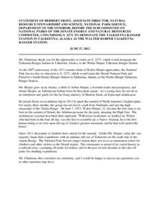 STATEMENT OF HERBERT FROST, ASSOCIATE DIRECTOR, NATURAL RESOURCE STEWARDSHIP AND SCIENCE, NATIONAL PARK SERVICE, DEPARTMENT OF THE INTERIOR, BEFORE THE SUBCOMMITTEE ON NATIONAL PARKS OF THE SENATE ENERGY AND NATURAL RESO