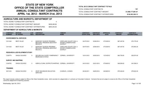 STATE OF NEW YORK OFFICE OF THE STATE COMPTROLLER ANNUAL CONSULTANT CONTRACTS APRIL 1st, [removed]MARCH 31st, 2013  TOTAL 2013 CONSULTANT CONTRACT TOTALS