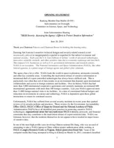 OPENING STATEMENT Ranking Member Dan Maffei (D-NY) Subcommittee on Oversight Committee on Science, Space, and Technology Joint Subcommittee Hearing “NASA Security: Assessing the Agency’s Efforts to Protect Sensitive 