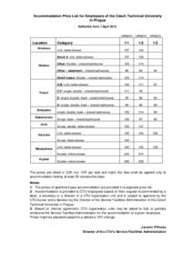 Accommodation Price List for Employees of the Czech Technical University in Prague Eeffective from 1 April 2013 Location Hlávkova