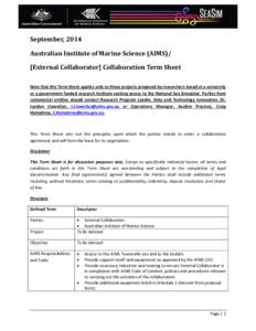 September, 2014 Australian Institute of Marine Science (AIMS)/ [External Collaborator] Collaboration Term Sheet Note that this Term Sheet applies only to those projects proposed by researchers based at a university or a 