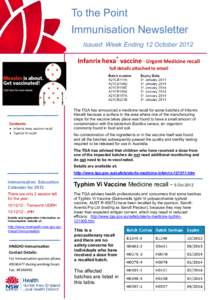 To the Point Immunisation Newsletter Issued: Week Ending 12 October 2012 Infanrix hexa® vaccine - Urgent Medicine recall full details attached to email