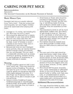CARING FOR PET MICE Recommendations Sponsored by The Governor’s Commission on the Humane Treatment of Animals