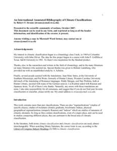 1  An International Annotated Bibliography of Climate Classifications by Robert F. Strauss [[removed]] Presented to the scientific community of nations, October[removed]This document can be used in any form, an