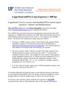 seeking innovative solutions for sea turtle conservation through research and education Loggerhead mtDNA Long Sequences (~800 bp) Loggerhead (Caretta caretta) mitochondrial DNA control region sequences: Atlantic and Medi