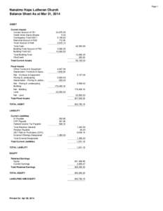 Page 1  Nanaimo Hope Lutheran Church Balance Sheet As at Mar 31, 2014 ASSET Current Assets