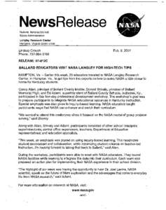 NewsRelease National Aeronautics and Space Administration , Langley Research Center Hampton, Virginia[removed]