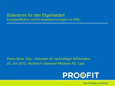 Solarstrom für den Eigenbedarf Energieeffizienz und Erneuerbare Energien im KMU Pierre Strub, Öbu – Netzwerk für nachhaltiges Wirtschaften 25. Juni 2013, Aluminium Giesserei Metalyss AG, Lyss