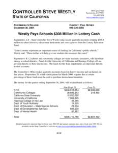 NEWS RELEASE: Westly Pays Schools $308 Million in Lottery Cash