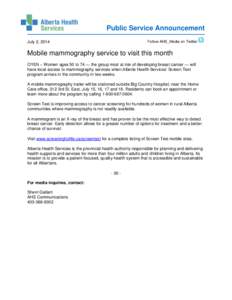 Public Service Announcement Follow AHS_Media on Twitter July 2, 2014  Mobile mammography service to visit this month