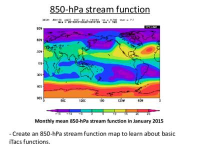 850-hPa stream function  Monthly mean 850-hPa stream function in JanuaryCreate an 850-hPa stream function map to learn about basic iTacs functions.