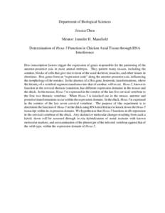 Department of Biological Sciences Jessica Chen Mentor: Jennifer H. Mansfield Determination of Hoxa-5 Function in Chicken Axial Tissue through RNA Interference