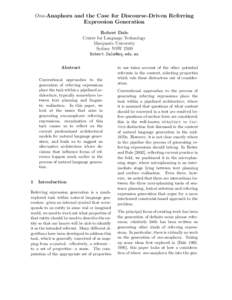 One-Anaphora and the Case for Discourse-Driven Referring Expression Generation Robert Dale Centre for Language Technology Macquarie University Sydney NSW 2109