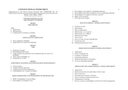 CONSTITUTIONAL INSTRUMENT Supplement to the Sierra Leone Gazette Vol. CXXXVIII, No. 25 dated 31st May, 2007 THE HIGH COURT RULES, 2007 ARRANGEMENT OF ORDERS