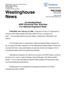 Westinghouse Government Services Group Waste Isolation Division Waste Isolation Pilot Plant P.O. Box 2078 Carlsbad, New Mexico 88221