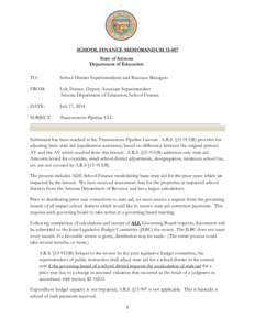 SCHOOL FINANCE MEMORANDUM[removed]State of Arizona Department of Education TO:  School District Superintendents and Business Managers