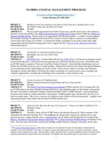 FLORIDA COASTAL MANAGEMENT PROGRAM COASTAL PARTNERSHIP INITIATIVE1 Grant Abstracts, FY[removed]PROJECT: Building Coastal Stewardship at the Barrier Island Sanctuary  Education Center RECIPIENT: