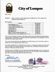 City of Lompoc May 3,2016 SUBJECT:  Notice of Intent to Award , Request for Quotations No. 2818, Inspection &
