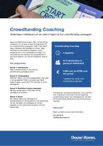    Crowdfunding Coaching Ondersteun initiatieven uit uw stad of regio bij hun crowdfunding campagne Goed voorbeeld doet volgen. Door vijf tot twintig initiatieven uit uw stad of regio te begeleiden bij