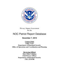 Department of Homeland Security Privacy Impact Assessment NOC Patriot Report Database