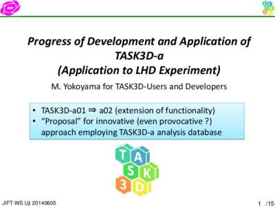 Progress of Development and Application of TASK3D-a (Application to LHD Experiment) M. Yokoyama for TASK3D-Users and Developers • TASK3D-a01 ⇒ a02 (extension of functionality) • “Proposal” for innovative (even 