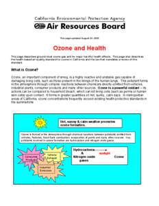 This page updated August 24, 2005  Ozone and Health This page describes ground-level ozone gas and its major harmful health effects. This page also describes the health-based air quality standard for ozone in California 