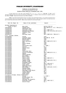 PANJAB UNIVERSITY, CHANDIGARH Notification No. B.Sc.III/2014-A/16 RE-EVALUATION RESULT OF THE Bachelor of Science Third year Examination, April , 2014. ……… In partial supersession to this office result notification