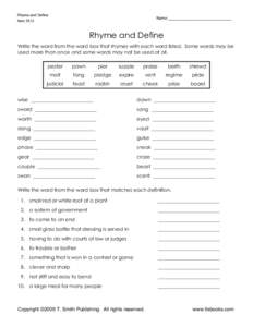 Rhyme and Define Worksheet for 5th Grade