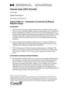 Cogeco Cable Inc. – Introduction of Local Service Request Rejection Charge