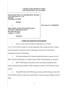 UNITED STATES DISTRICT COURT FOR THE DISTRICT OF COLUMBIA _________________________________________________ ) ELECTRONIC PRIVACY INFORMATION CENTER[removed]Connecticut Ave., N.W.