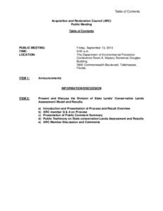 Table of Contents Acquisition and Restoration Council (ARC) Public Meeting Table of Contents  PUBLIC MEETING: