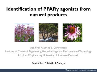 Identification of PPARγ agonists from natural products Ass. Prof. Kathrine B. Christensen Institute of Chemical Engineering, Biotechnology and Environmental Technology Faculty of Engineering, University of Southern Denm