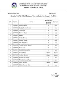 SCHOOL OF MANAGEMENT STUDIES Baba Ghulam Shah Badshah University Rajouri, J&K[removed], INDIA Ref. No.: PGSMS/ 1011