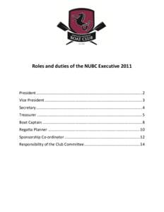 Newcastle University Boat Club  Roles and duties of the NUBC Executive 2011 President ................................................................................................. 2 Vice President ...................