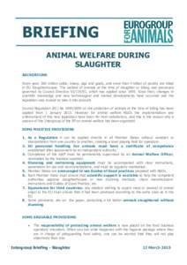 BRIEFING ANIMAL WELFARE DURING SLAUGHTER BACKGROUND Every year, 360 million cattle, sheep, pigs and goats, and more than 4 billion of poultry are killed in EU Slaughterhouses. The welfare of animals at the time of slaugh