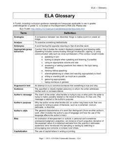 ELA — Glossary  ELA Glossary A Toolkit, including curriculum guidance materials and resources applicable to use in grades prekindergarten to grade 12, is located on the Department’s Web site. Please see: ELA Toolkit: