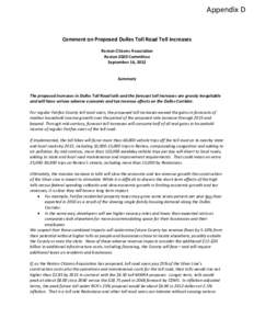 Appendix D  Comment on Proposed Dulles Toll Road Toll Increases Reston Citizens Association Reston 2020 Committee September 16, 2012