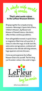 That’s what awaits visitors to the LeFleur Museum District. Bringing together four uniquely amazing museums—Mississippi’s Sports Hall of Fame, Children’s Museum, Ag Museum and Museum of Natural Science—the dist