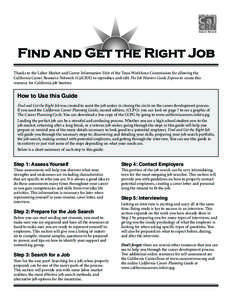 Find and Get the Right Job Thanks to the Labor Market and Career Information Unit of the Texas Workforce Commission for allowing the California Career Resource Network (CalCRN) to reproduce and edit The Job Hunters Guide