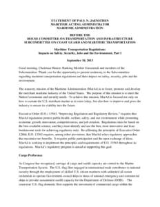 STATEMENT OF PAUL N. JAENICHEN MARITIME ACTING ADMINISTRATOR MARITIME ADMINISTRATION BEFORE THE HOUSE COMMITTEE ON TRANSPORTATION AND INFRASTRUCTURE SUBCOMMITTEE ON COAST GUARD AND MARITIME TRANSPORTATION