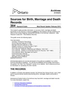 Archives of Ontario Sources of Birth, Marriage and Death Records  204 Research Guide