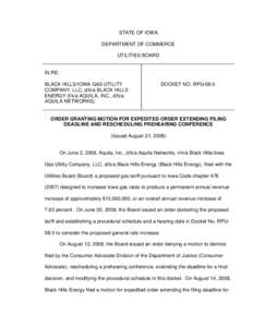 Order Granting Motion for Expedited Order Extending Filing Deadline and Rescheduling Prehearing Conference