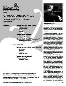 Photo: Pier Andrea Morolli  presents GARRICK OHLSSON, piano Saturday, March 14, 2015 | 7:30pm