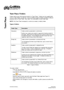 Team Place Team Place: Folders Folders help to store and organise content in a Team Place. Folders can be created within rooms or other folders, as required. There are different types of folders created for different